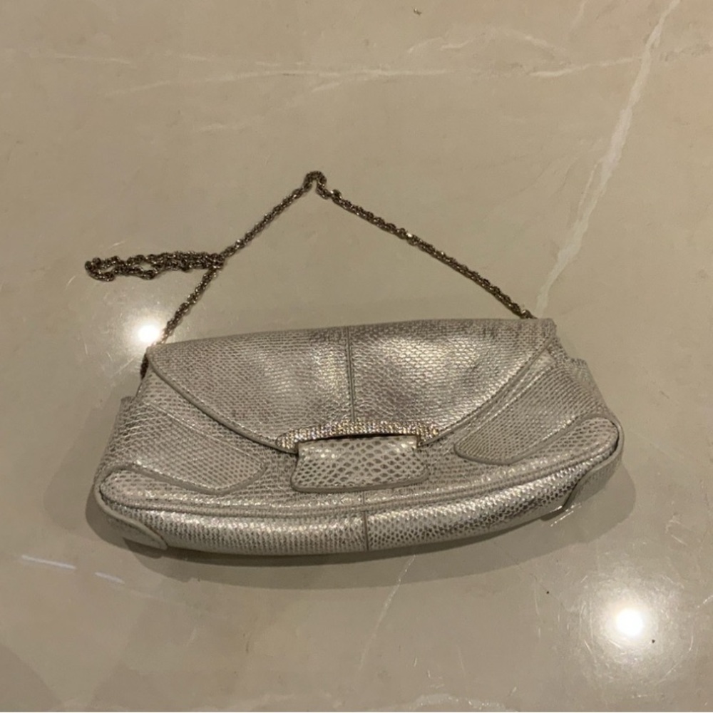 Tod’s Silver Leather Clutch w/ Metal Chain Strap